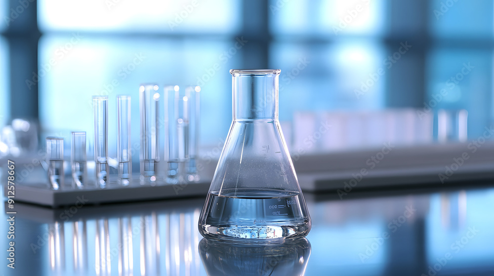 Beaker Filled with Clear Liquid and an Erlenmeyer Flask on a Laboratory Table Beaker Filled with Clear Liquid and an Erlenmeyer Flask on a Laboratory Table