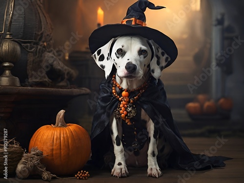  Dalmatian dog in a witch costume, AI generated  photo