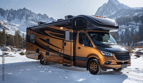 A silver bus with a yellow interior and a large window. The bus is parked in front of a house