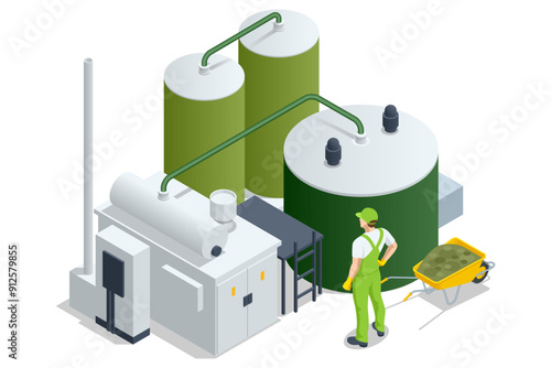 Isometric Modern biogas plant Biogas is an environmentally friendly clean, and cheap combustible gas produced from livestock manure and agricultural waste by microorganisms in an anaerobic environment