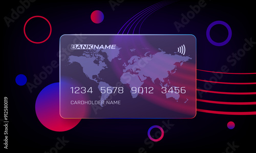 Credit card with World map. Glass morphism style.Editable. Vector EPS 10