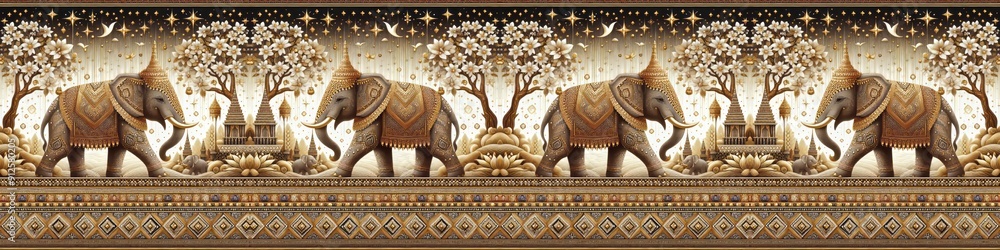 An elephant art with traditional patterns, blue flowers, and golden details. Exotic and decorative design perfect for textiles or wallpapers. An elephant art with traditional patterns, blue flowers, and golden details. Exotic and decorative design perfect for textiles or wallpapers.