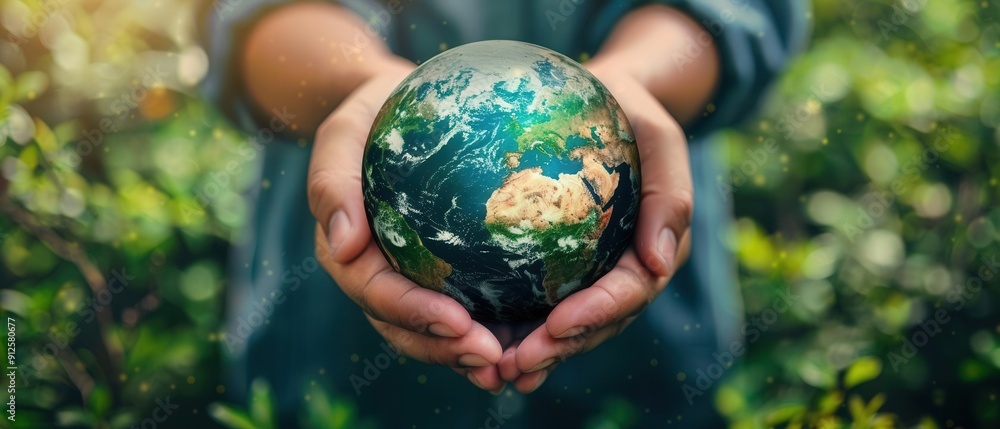 3D image of hands gently holding the earth, trees in the background, a symbol of maintaining balance for a sustainable world. 3D image of hands gently holding the earth, trees in the background, a symbol of maintaining balance for a sustainable world.