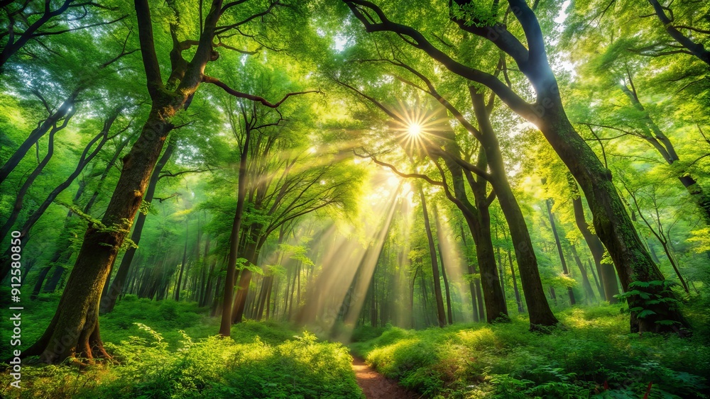 Obraz premium Serene forest scene with sunlight filtering through lush green canopy above, vibrant leaves rustling gently in the breeze, evoking a sense of peaceful nature escape.