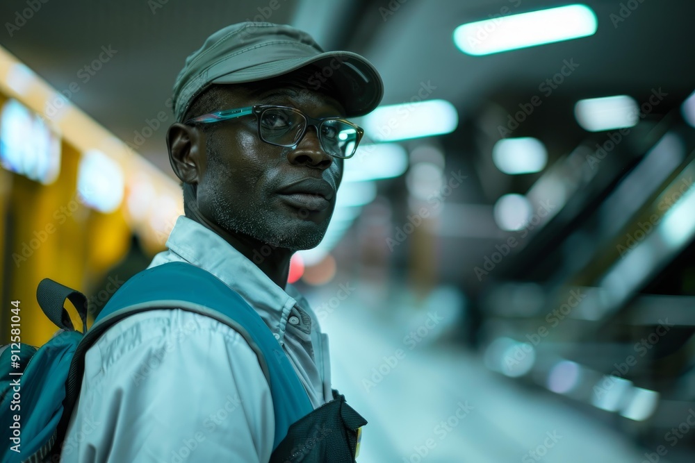 Black man wearing glasses waiting in subway station Black man wearing glasses waiting in subway station