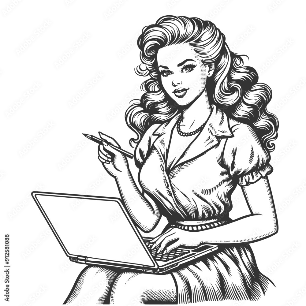 pin-up girl using a laptop and holding a pen, sketch engraving generative ai fictional character vector illustration. Scratch board imitation. Black and white image. pin-up girl using a laptop and holding a pen, sketch engraving generative ai fictional character vector illustration. Scratch board imitation. Black and white image.