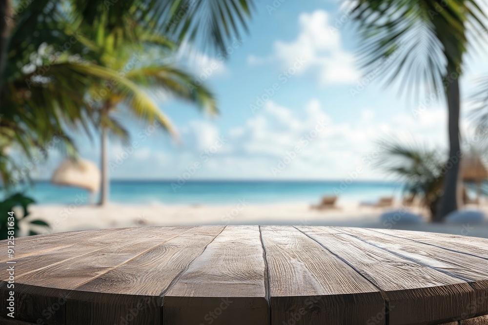 Aged wooden pedestal with free space and blurred summer beach landscape as background , ai Aged wooden pedestal with free space and blurred summer beach landscape as background , ai