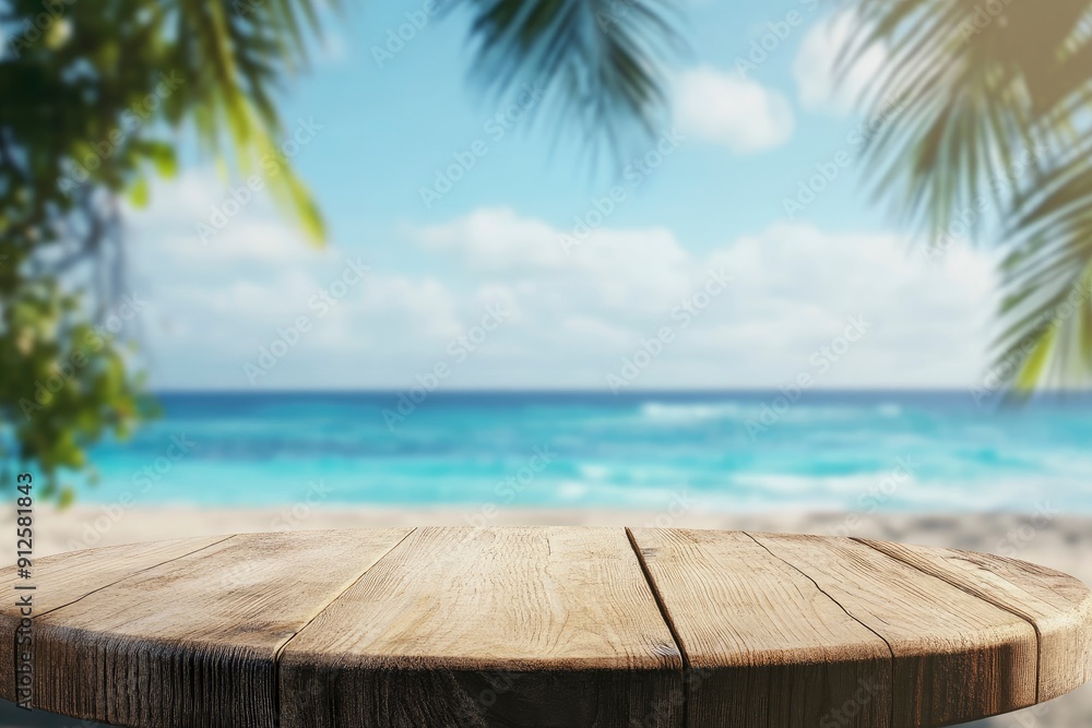 Aged wooden pedestal with free space and blurred summer beach landscape as background , ai Aged wooden pedestal with free space and blurred summer beach landscape as background , ai