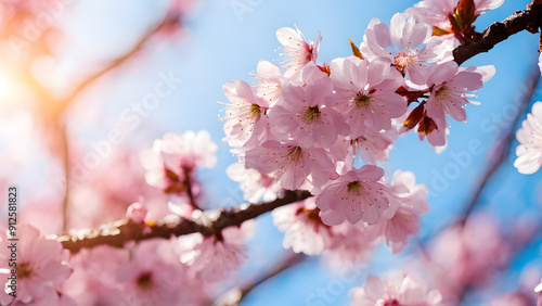 A branch of pink flowers is hanging from a tree