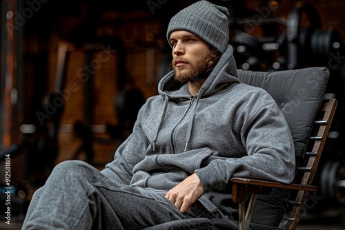 A young man with a beard and wearing a gray beanie and matching zip-up hoodie sweatshirt sits in a wooden rocking chair on a peaceful day, looking off to the side pensively.