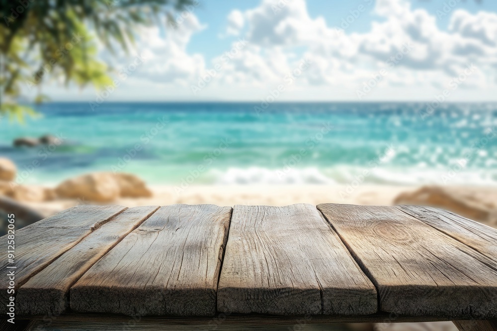Fototapeta premium Aged wooden pedestal with free space and blurred summer beach landscape as background , ai
