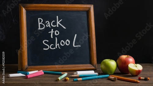 Chalkboard with "Back to School" text, colorful chalks and apples, educational banner, background blackboard with alarm clock and school equipment. 