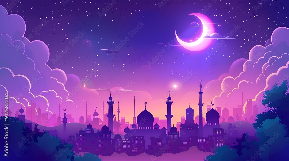 Silhouette of Islamic Architecture of Mosque at Dusk with purple for Islamic celebration background Silhouette of Islamic Architecture of Mosque at Dusk with purple for Islamic celebration background