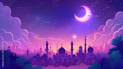 Silhouette of Islamic Architecture of Mosque at Dusk with purple for Islamic celebration background