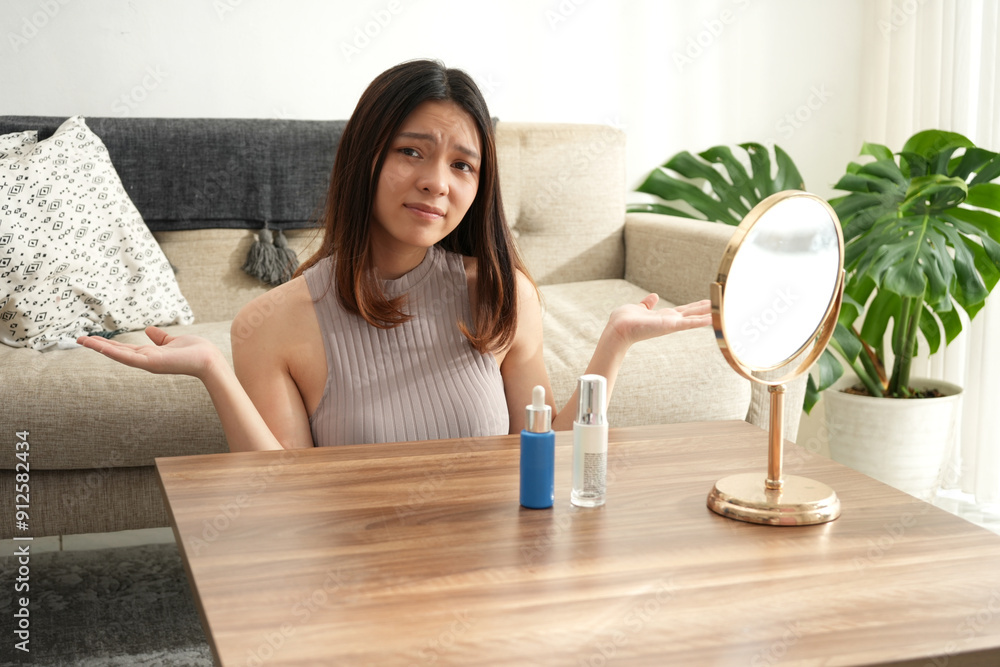 A woman shrugs with a confused expression while looking into the mirror, uncertain about her skincare or beauty routine. The bright, serene room emphasizes a theme of self-care and contemplation. A woman shrugs with a confused expression while looking into the mirror, uncertain about her skincare or beauty routine. The bright, serene room emphasizes a theme of self-care and contemplation.