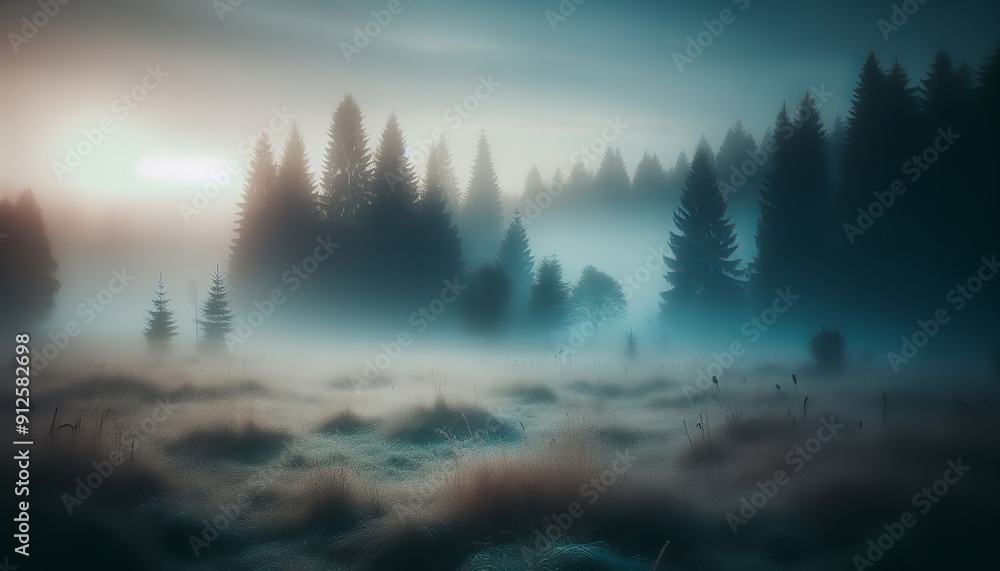Shrouded in mist, a serene forest of towering pines rises above a tranquil meadow. Nature at its finest. Shrouded in mist, a serene forest of towering pines rises above a tranquil meadow. Nature at its finest.