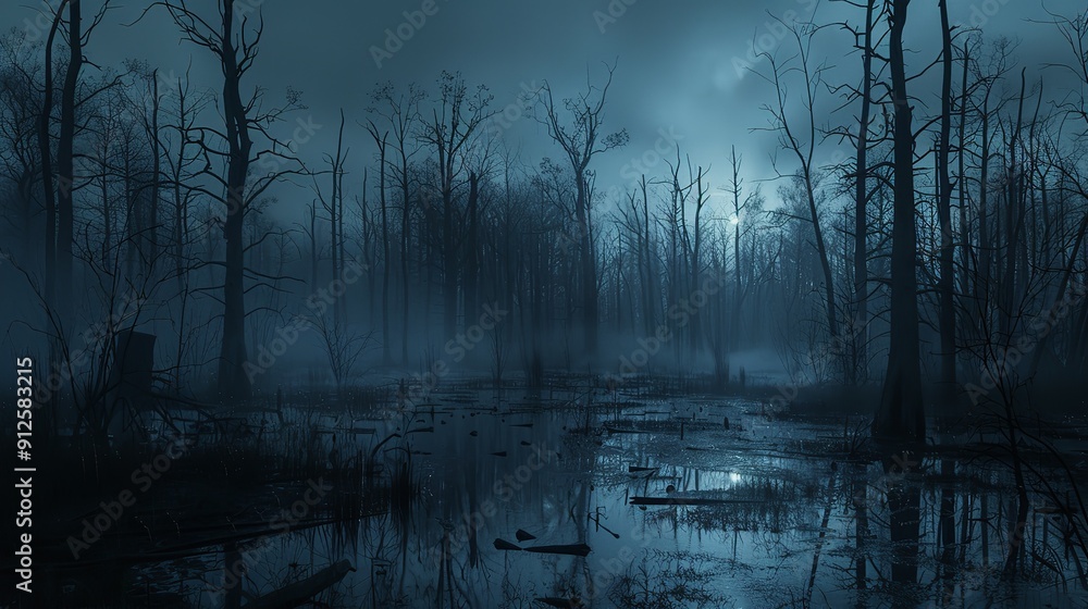 Ethereal Fog Shrouded Swamp Mysterious Silhouettes of Trees in Haunting Landscape Ethereal Fog Shrouded Swamp Mysterious Silhouettes of Trees in Haunting Landscape