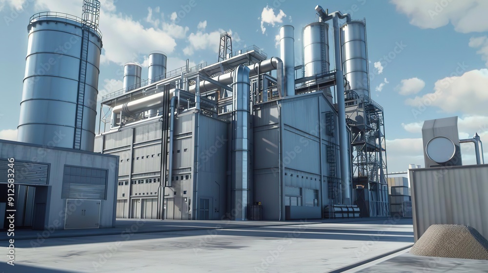 Industrial Factory Building 3D Model with Blue Sky and Clouds Industrial Factory Building 3D Model with Blue Sky and Clouds