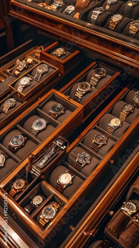 An array of sophisticated watches neatly organized in a dark wooden storage display