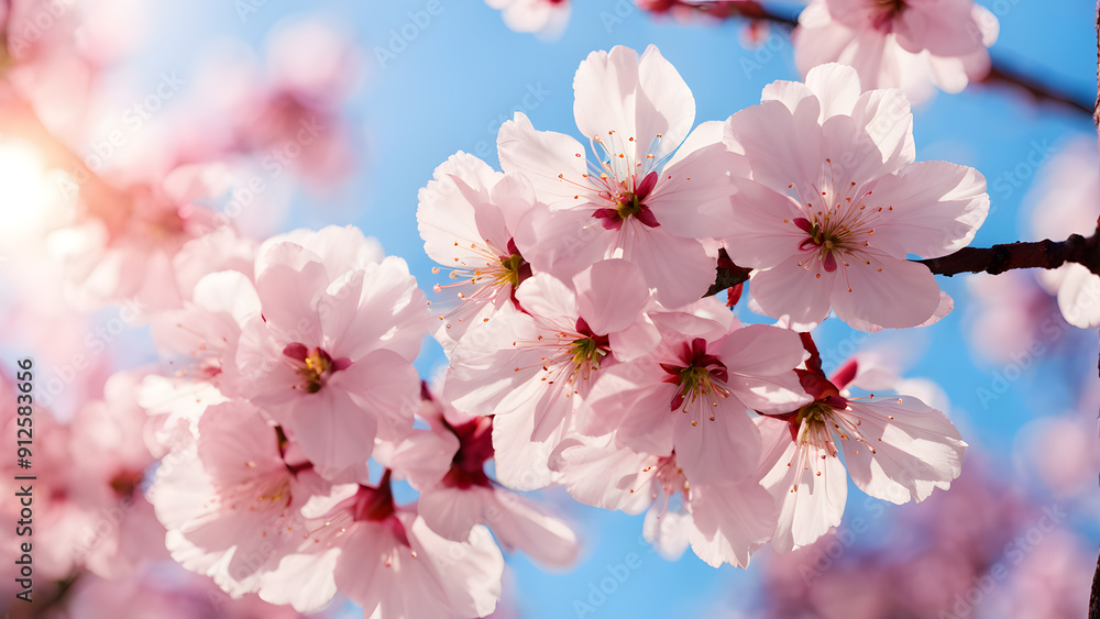 Fototapeta premium A branch of pink flowers is in the sunlight