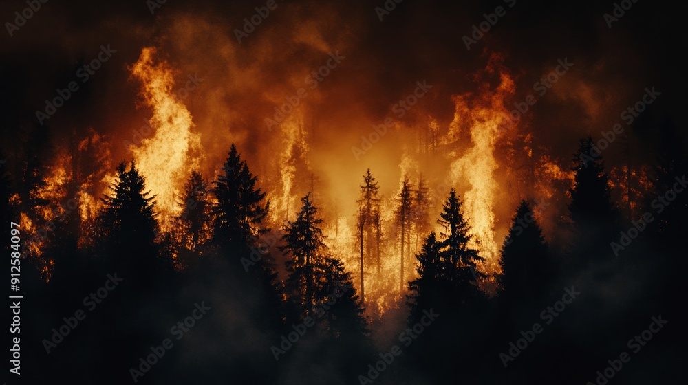 Naklejka premium Forest Fire at Night with Trees Ablaze in a Fiery Inferno