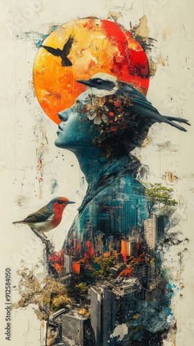 Abstract art composition blending human profile, birds, and sun, symbolizing the connection between nature and urban life.
