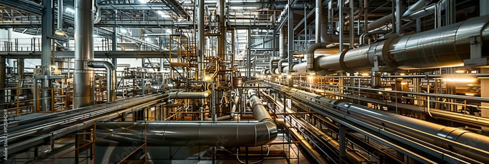 Industrial Piping System - Interior of a Modern Factory with Metal Pipes and Catwalks - Photo Industrial Piping System - Interior of a Modern Factory with Metal Pipes and Catwalks - Photo