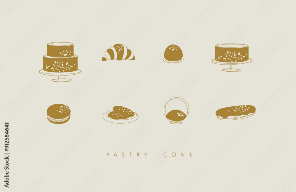 Dessert icons cake, croissant, candy, cookie, dessert, eclair macaroon drawing on beige background