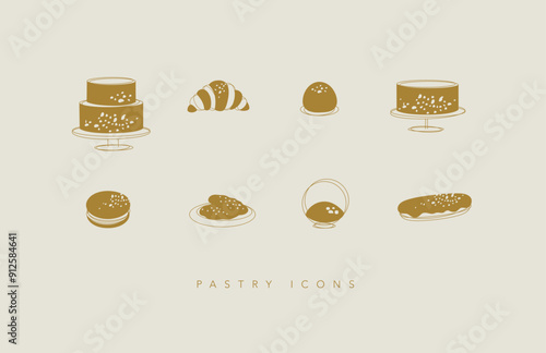 Obraz na płótnie Dessert icons cake, croissant, candy, cookie, dessert, eclair macaroon drawing on beige background w salonie