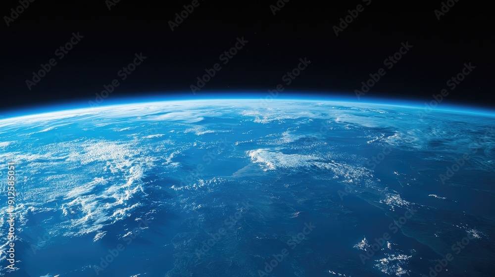 Obraz premium Blue planet earth in dark space, closeup view. Earth planet horizon panoramic view