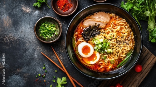 Traditional korean ramen, closeup top view