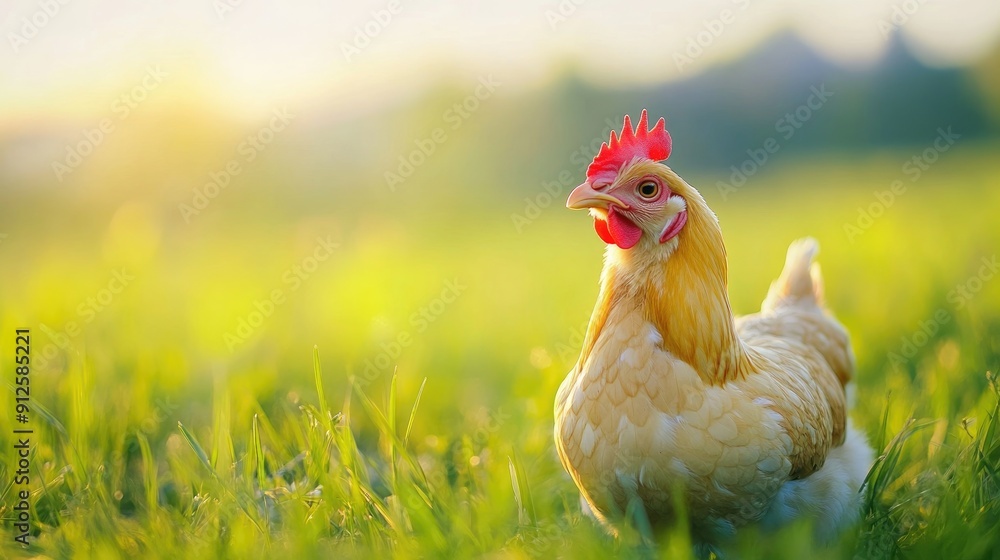Fototapeta premium Range chicken on green summer grass
