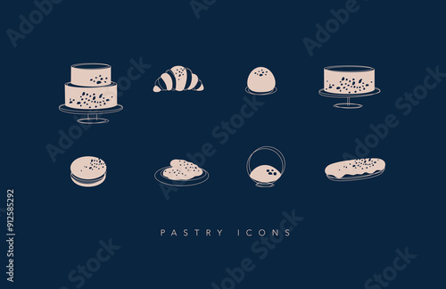 Dessert icons cake, croissant, candy, cookie, dessert, eclair macaroon drawing on blue background