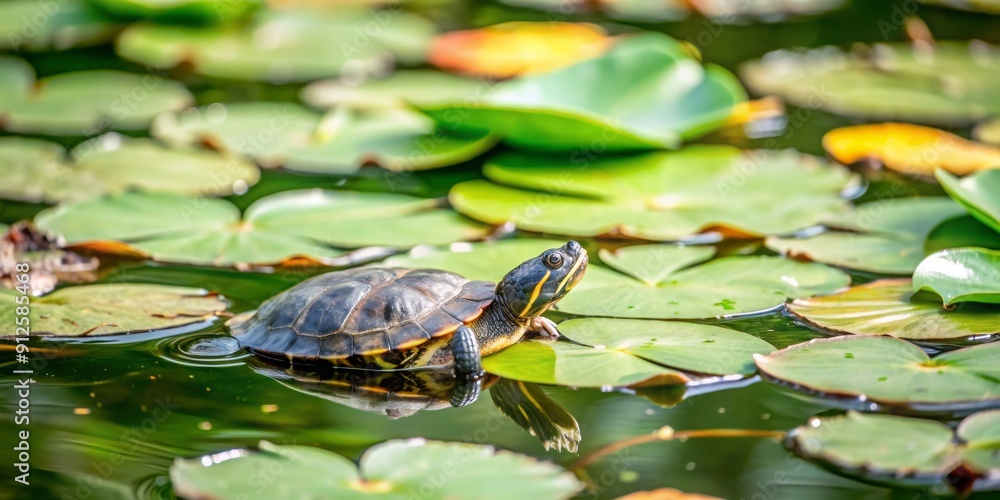 A small turtle swimming in a peaceful pond with lily pads and green foliage , Turtle, pond, lily pads, green, foliage, water A small turtle swimming in a peaceful pond with lily pads and green foliage , Turtle, pond, lily pads, green, foliage, water