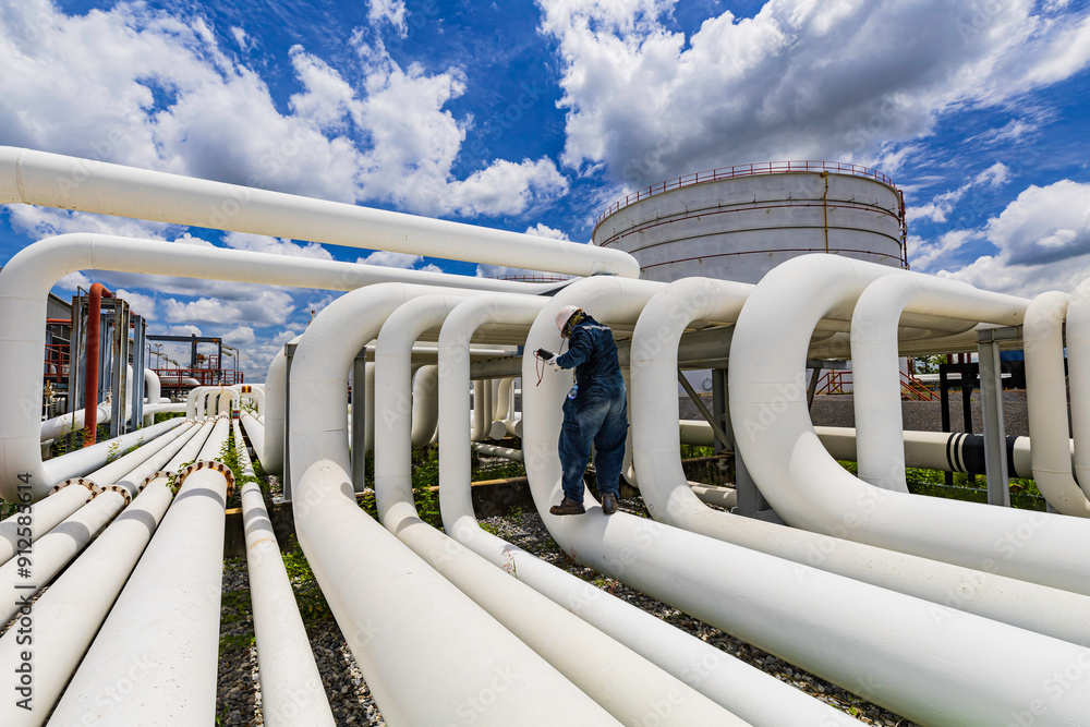 Male worker inspection at steel long pipes and pipe elbow in station oil factory during refinery valve of visual check Male worker inspection at steel long pipes and pipe elbow in station oil factory during refinery valve of visual check