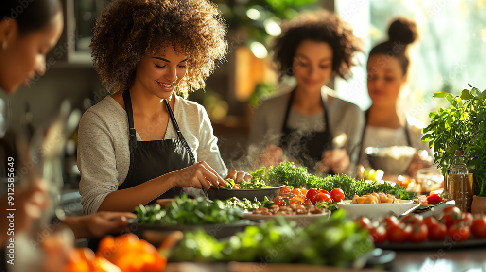 A joyful group of women preparing fresh ingredients in a vibrant kitchen, highlighting teamwork and culinary creativity. A joyful group of women preparing fresh ingredients in a vibrant kitchen, highlighting teamwork and culinary creativity.