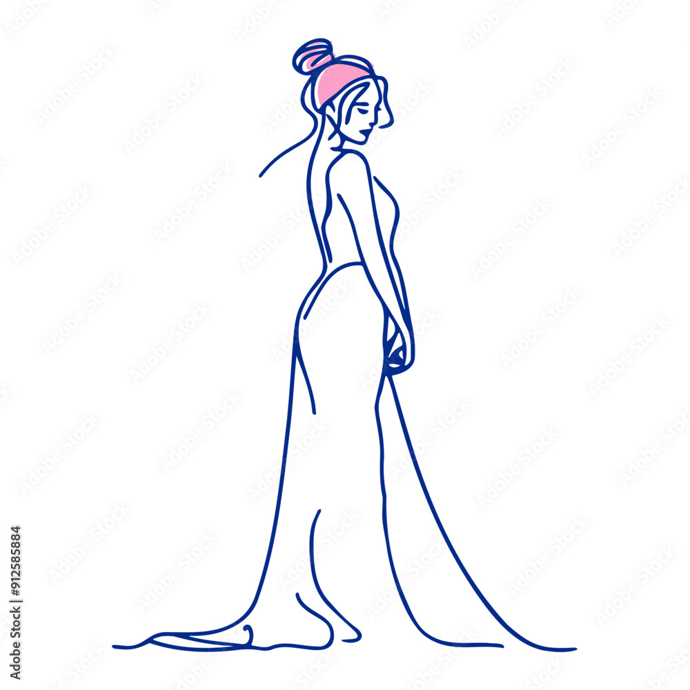 A young woman with long blue hair wearing a pink hair, standing in a flowing dress A young woman with long blue hair wearing a pink hair, standing in a flowing dress