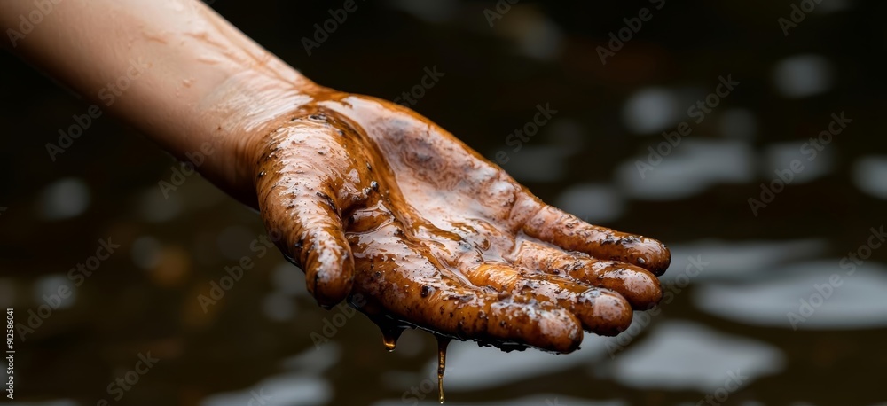 A close-up of a hand covered in oil from a contaminated water source A close-up of a hand covered in oil from a contaminated water source