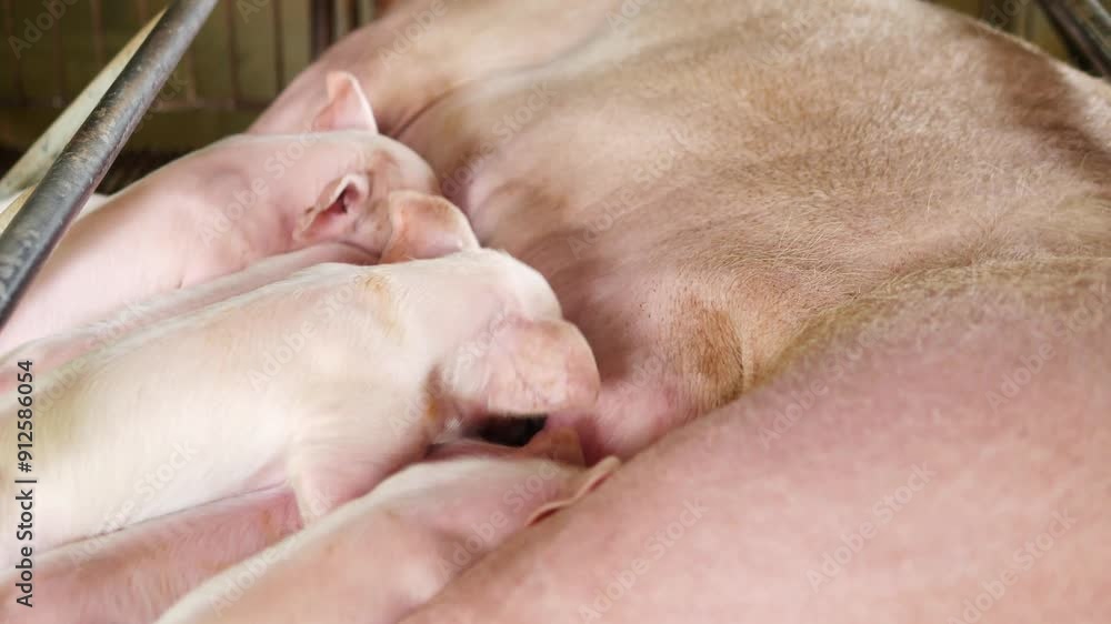 Suckling piglets suckling a sow farm, Small piglet drinking milk from breast pig in the farm Suckling piglets suckling a sow farm, Small piglet drinking milk from breast pig in the farm