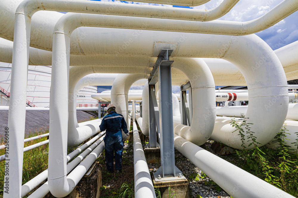 Male worker inspection at steel long pipes and pipe elbow in station oil factory during refinery valve of visual check