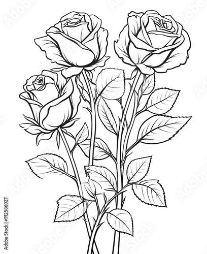 ose flower and leaf drawing illustration on white backgrounds. Flower icon. Set of decorative rose silhouettes. Vector rose isolated on white