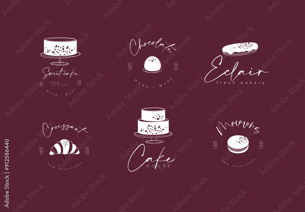 Confectionery sweet labels cake, candy, eclair, croissant, macaroon with text drawing on red background