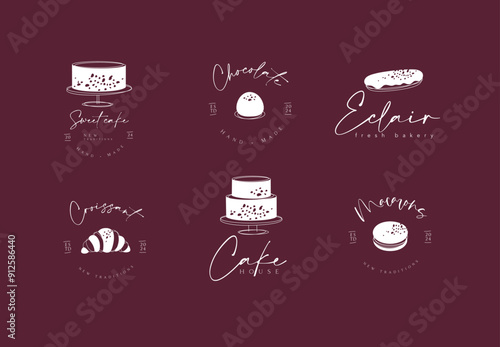 Obraz na płótnie Confectionery sweet labels cake, candy, eclair, croissant, macaroon with text drawing on red background w salonie