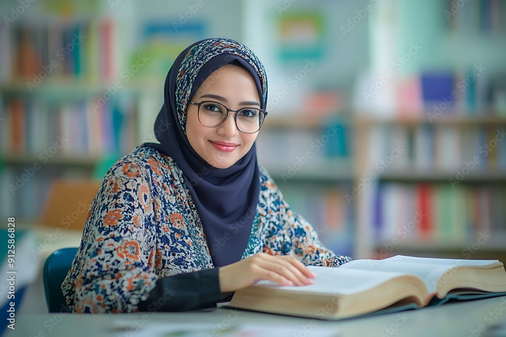 Smiling Hijab-Wearing Female Teacher in Classroom Setting Smiling Hijab-Wearing Female Teacher in Classroom Setting