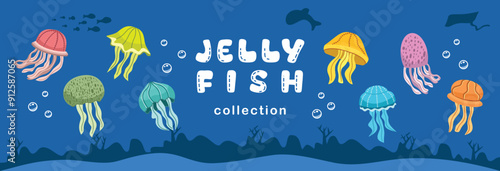 Set illustration of jellyfish. Jellyfish vector art. Deep sea creatures. Jellyfish stock illustration. Jellyfish image. Jelly fish vector stock. Ocean animals. Sea animals.