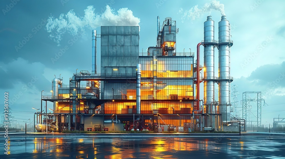 Industrial Factory Building With Tall Chimneys 3D Illustration Industrial Factory Building With Tall Chimneys 3D Illustration