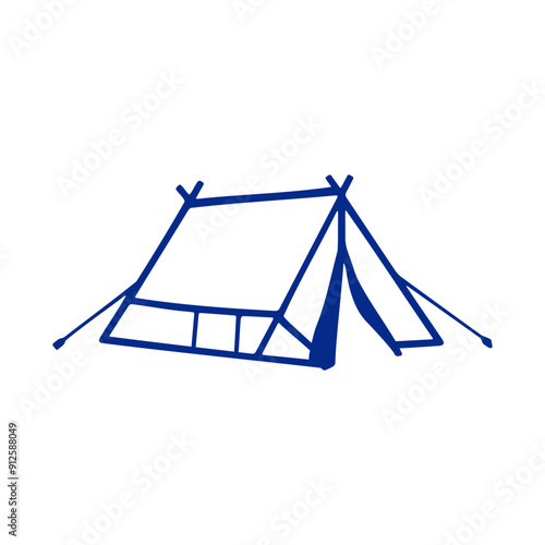 A blue camping tent with a triangular roof and two poles