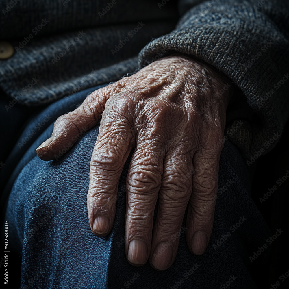 Fototapeta premium Close-up of an elderly man's hand resting on his lap, illustrating the quiet suffering of neglect.