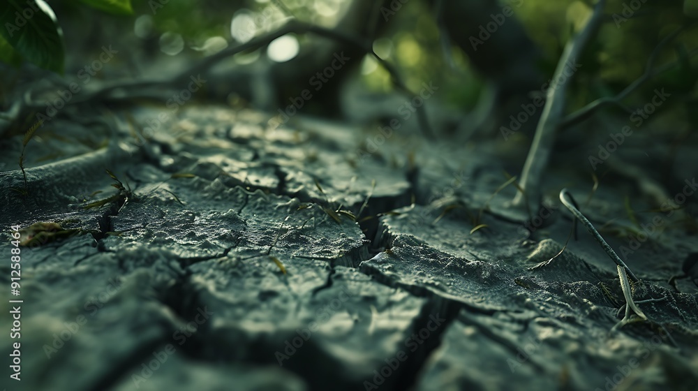 A close-up view of cracked ground in a once-lush forest area, symbolizing deforestation and loss of biodiversity, capturing the environmental challenges in vivid A close-up view of cracked ground in a once-lush forest area, symbolizing deforestation and loss of biodiversity, capturing the environmental challenges in vivid