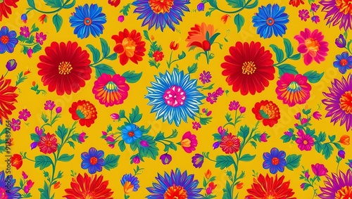 Vibrant Floral Patterns on Bright Yellow Background for Artistic Design